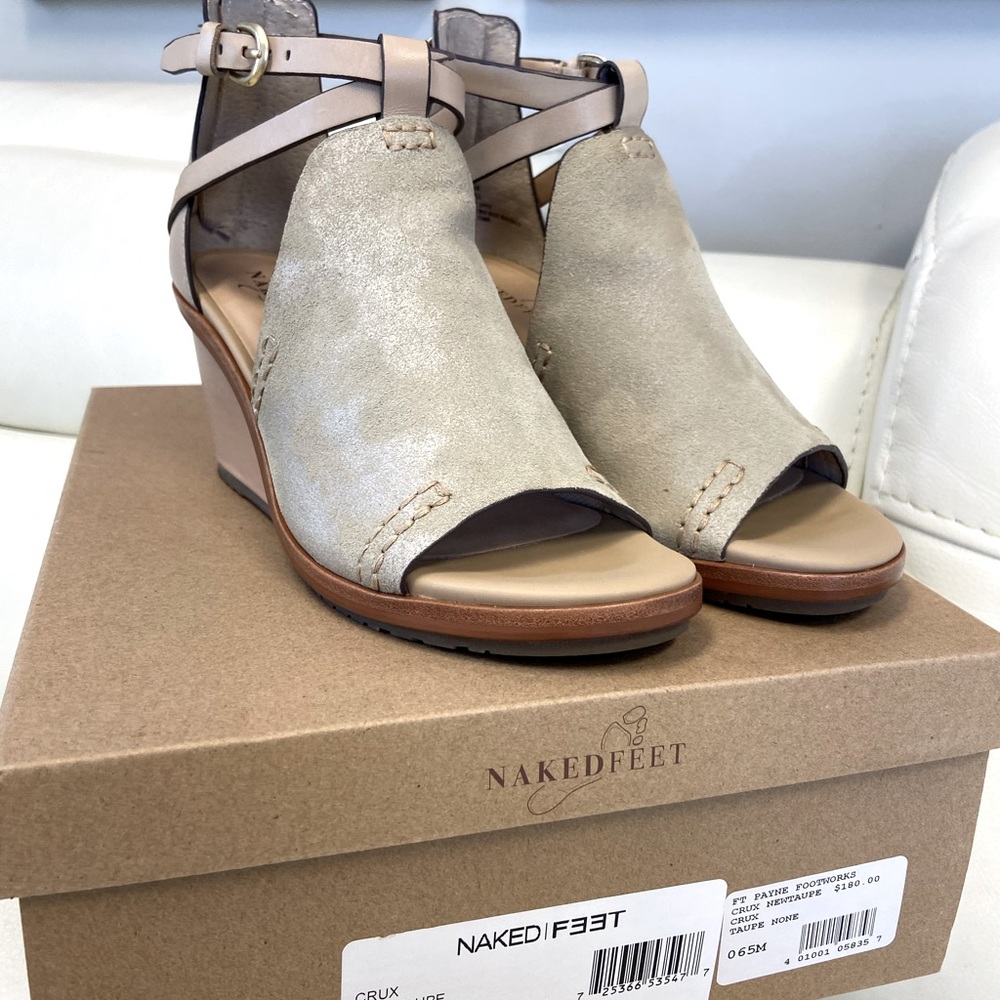 Naked Feet Crux New Taupe Metallic Wedge Size 6